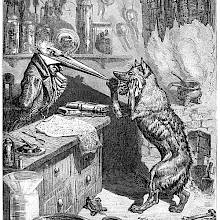 A wolf has walked into the shop of an apothecary and asks the crane to help him