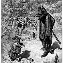 A lamb speaks to a wolf in tattered clothes standing before him