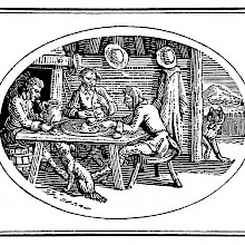 Three men are eating at a table as a wolf passing by the open door peers into the room