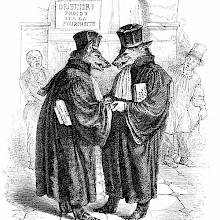 Two wolves in lawyer's robes are congratulating each other