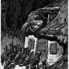A pack of wolves sits waiting beneath the top window of a house where a donkey sticks its head out