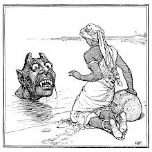 A woman is kneeling by a shore as a large and wide-eyed head with horns, rises from the water.