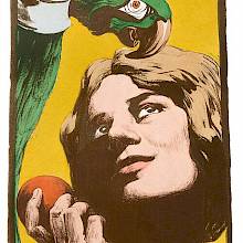 A woman is gazing up to the green parrot she's tempting with a fruit she holds in her hand