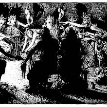 Twelve horned women have gathered to spin wool in the contrasted lighting of a fireplace