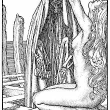 A skeleton wearing a hooded cloak stands before an exulting naked young woman