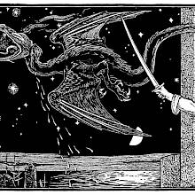 A dragon flies away across the starry sky, as a hand wields a sword from a castle window