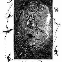 A witch rides a broom in a stormy sky surrounded by a devil and night creatures