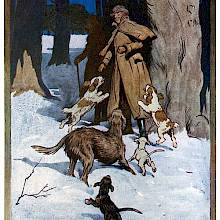 Two men walking in the snow are greeted by elated dogs as they come out of the shadow of tall trees