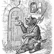 A bear with a morion and halberd knocks on Reynard's door, who peeks out the window