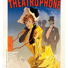 A woman looks sideways at the viewer while holding the receivers of a théâtrophone to her ears