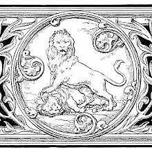 Illustrated heading with foliage surrounding a medallion that depicts a lion standing with its forelegs on the body of another