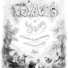 Title page of Voyages en zigzag showing letters decorated with figures and an alpine landscape