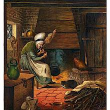 An old woman spins by the fireplace with a rooster and a cat that looks sternly at a "duckling"
