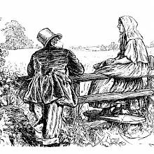 A man and a young country woman are talking together by a fence, facing the open countryside.