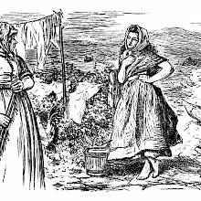 A mature country woman addresses a younger one standing languorously at the gate of the garden