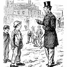 A man in a top hat admonishes a young working-class boy taking a break with some friends.