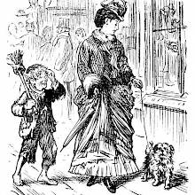 A street urchin ovehears a woman talking to her dog and acts as if she were talking to him