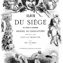 Title page of Album du siège showing a man eating rats and other scenes depicting famine