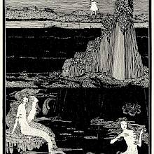 Mermaids are floating on the surface of the sea as a girl stands on the shore in the distance