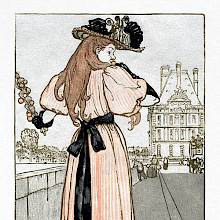 A young woman is seen from behind walking along the Seine while eating what looks like a fruit