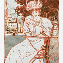 A woman is having an ice-cream at a table outdoors—probably at the terrace of a café