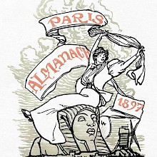 Back cover of "Paris-almanach" showing a woman sitting on a sphinx and brandishing a scroll