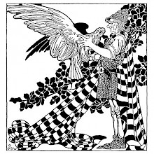 A man wearing a bycocket hat, a tunic, and a striped cloak welcomes an eagle coming to him