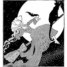 A witch wearing an imposing headdress rides a broom, with her black cat sitting at the front