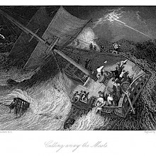 A ship is caught in a storm as members of the crew strive to cut down the masts and the rigging