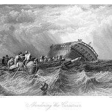 A ship tilted on the starboard side is sinking as the crew and passengers row away from the wreck