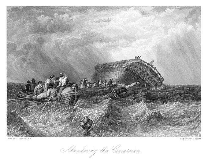 A ship tilted on the starboard side is sinking as the crew and passengers row away from the wreck