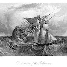 A schooner flying the skull & crossbones flag sails away from a sinking vessel