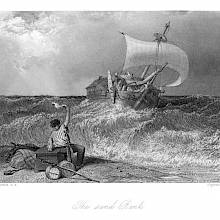 A man stranded on a sandbank waves a cloth at a ship sailing toward him on choppy waters