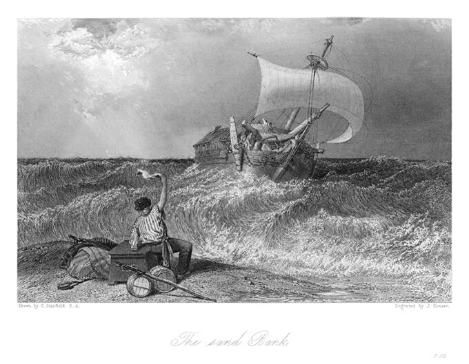 A man stranded on a sand bank waves a cloth at a ship sailing toward him on choppy waters
