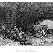 Six tired men have found refuge in a cave by the sea, where they are recuperating