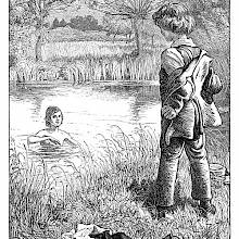 A boy is swimming in a pond, waiting for his friend who is hastily taking off his clothes on the bank