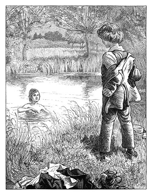 A boy is swimming in a brook waiting for his friend who is hastily taking off his clothes