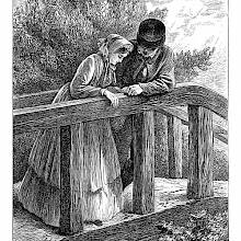 A young couple in their Sunday best is leaning on the guardrail of a country bridge, holding hands