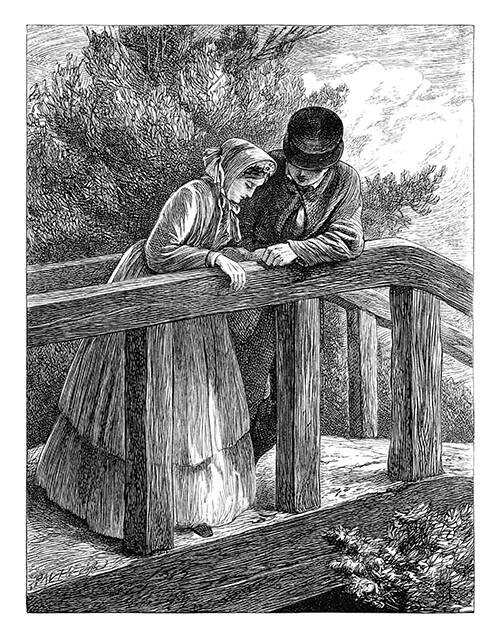 A young couple in their Sunday best is leaning on the guardrail of a country bridge, holding hands
