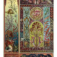 Ornamental Art Nouveau plate showing several compartments of designs focused on the sea world