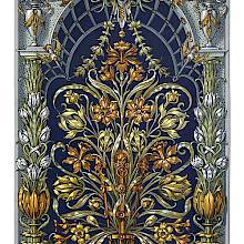 Art Nouveau ornamental design showing a lush flower arrangement set beneath a trellis archway