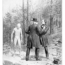Two men are quarrelling on the edge of a crevasse, while beside them stands a almost faceless creature