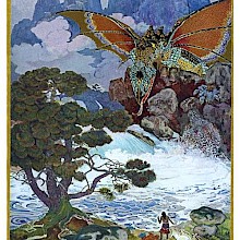 A variegated dragon hovers over a woman standing on the bank of a tumultuous mountain stream