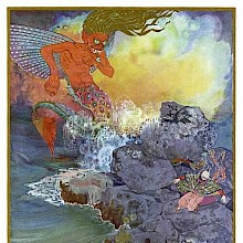A genie with a lower body shaped as a fish tail leaps out of the water to go after a frightened man