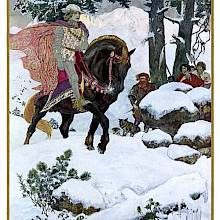 A knight wearing armor walks his horse through a snowy forest as highwaymen hide in wait