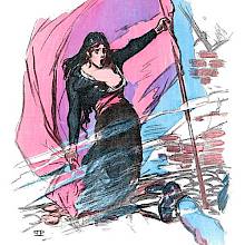 A woman stands on cobblestones, defiantly holding a flag which billows behind her