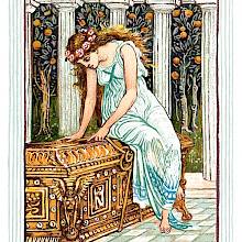 Pandora is sitting on a large wooden chest and runs her finger along its rich decoration