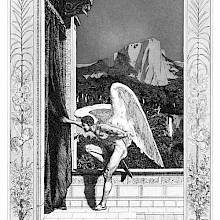 Cupid has landed onto a terrace and pulls aside a curtain to peer into the building