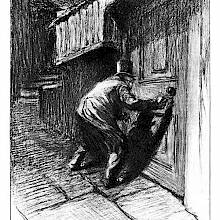 A man in a top hat holds his body stooped in front of a door as he turns a key in the lock