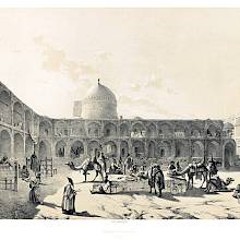 Tinted lithograph depicting merchants, camels, and goods in the bustling courtyard of a caravanserai